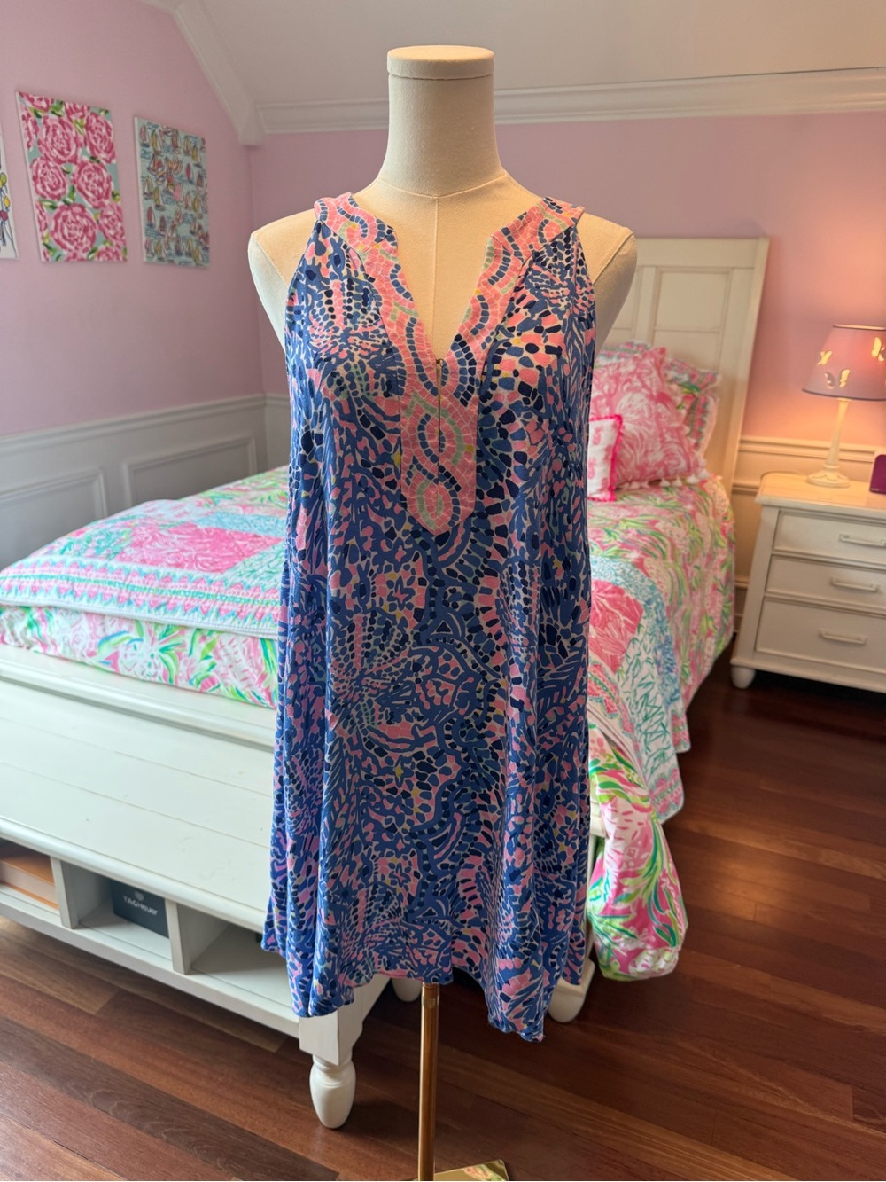 Lilly Pulitzer Pink and Blue Soft Sleeveless V-Neck Shift Dress